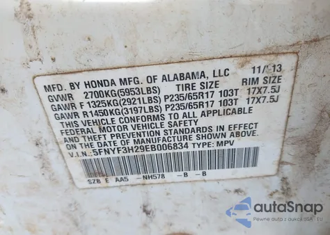 2014 Honda Pilot Lx z USA, uszkodzony, nr VIN 5FNYF3H29EB006834